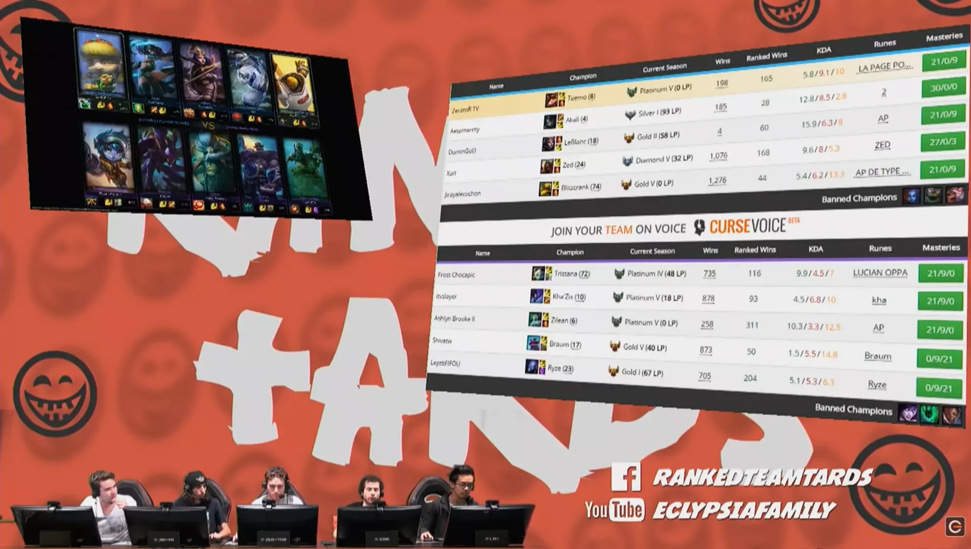 Le setup de stream de la Ranked Team Tards sur Eclypsia mélange un aspect statistique du jeu, la caméra des joueurs ainsi que l'ADN de l'émission.